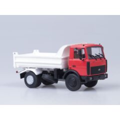 1:43 Масштабная модель МАЗ-5551 самосвал (поздняя кабина, красно-белый, низкий кузов), 1988 г. /металл. рама, откидывающаяся кабина/