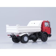 1:43 Масштабная модель МАЗ-5551 самосвал (поздняя кабина, красно-белый, низкий кузов), 1988 г. /металл. рама, откидывающаяся кабина/