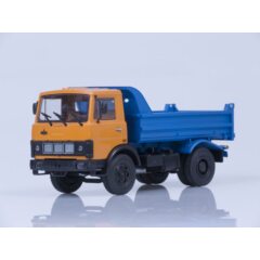 1:43 Масштабная модель МАЗ-5551 самосвал (ранняя кабина, оранжево-синий), 1988 г. /металл. рама, откидывающаяся кабина/
