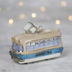 Елочная игрушка "Трамвай - Ленинград" с голубой полосой