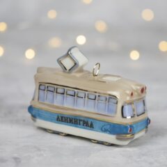 Елочная игрушка "Трамвай - Ленинград" с голубой полосой
