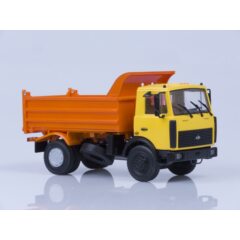 1:43 Масштабная модель МАЗ-5551 самосвал (поздняя кабина, жёлто-оранжевый, высокий кузов), 1988 г. /металл. рама, откидывающаяся кабина/