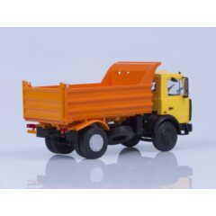 1:43 Масштабная модель МАЗ-5551 самосвал (поздняя кабина, жёлто-оранжевый, высокий кузов), 1988 г. /металл. рама, откидывающаяся кабина/