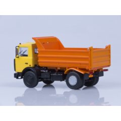 1:43 Масштабная модель МАЗ-5551 самосвал (поздняя кабина, жёлто-оранжевый, высокий кузов), 1988 г. /металл. рама, откидывающаяся кабина/