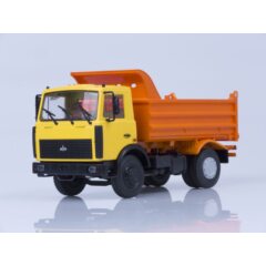 1:43 Масштабная модель МАЗ-5551 самосвал (поздняя кабина, жёлто-оранжевый, высокий кузов), 1988 г. /металл. рама, откидывающаяся кабина/