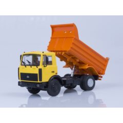 1:43 Масштабная модель МАЗ-5551 самосвал (поздняя кабина, жёлто-оранжевый, высокий кузов), 1988 г. /металл. рама, откидывающаяся кабина/